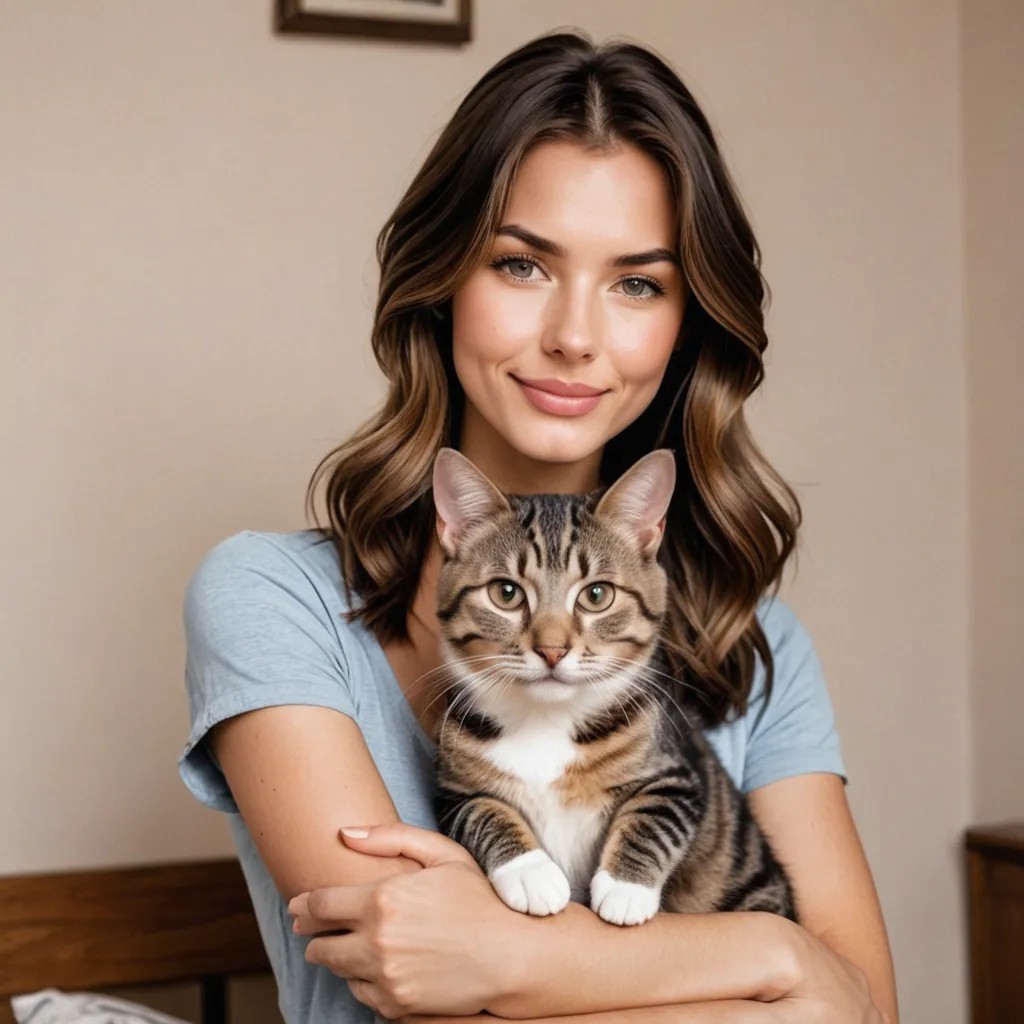 Brown Hair Holding a Black and Gray Tabby Cat Avatar Maker