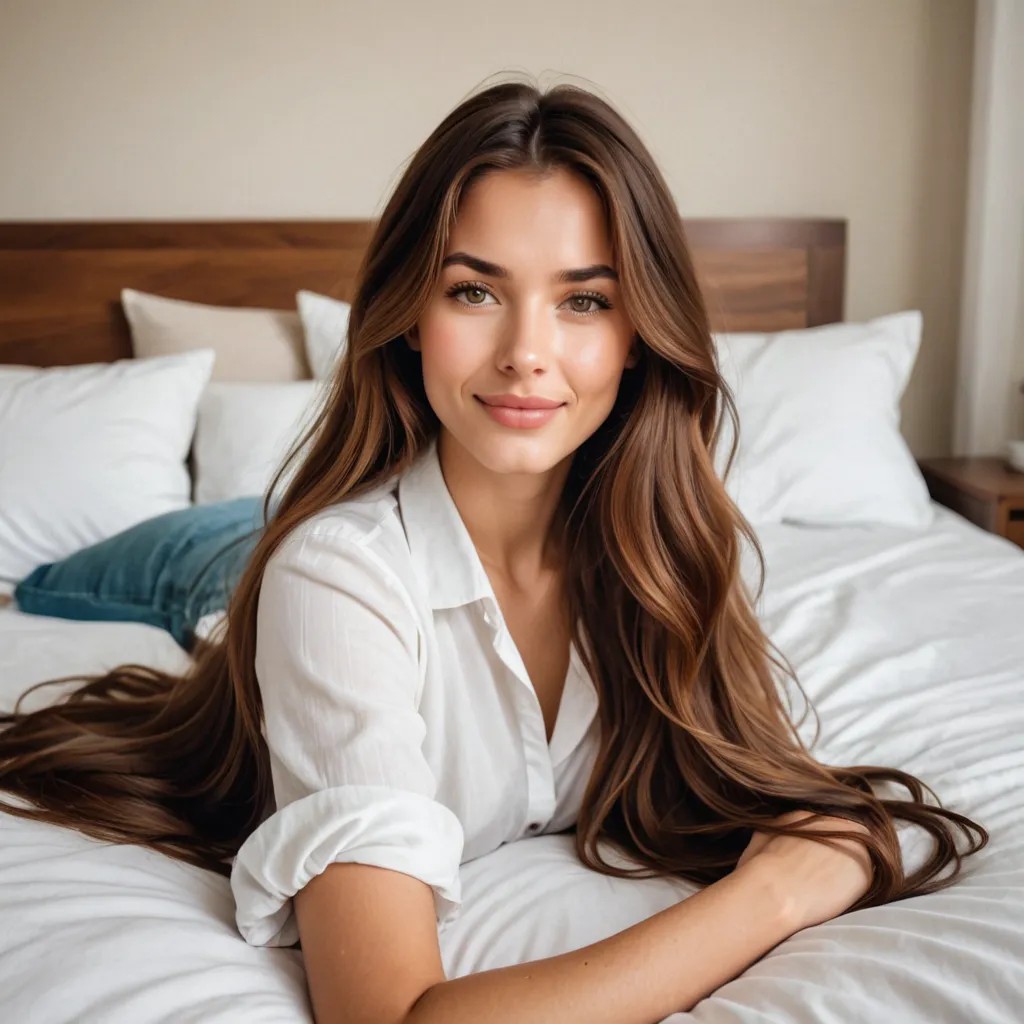 Selfie Laying on the Bed with Long Brown Hair Avatar Maker