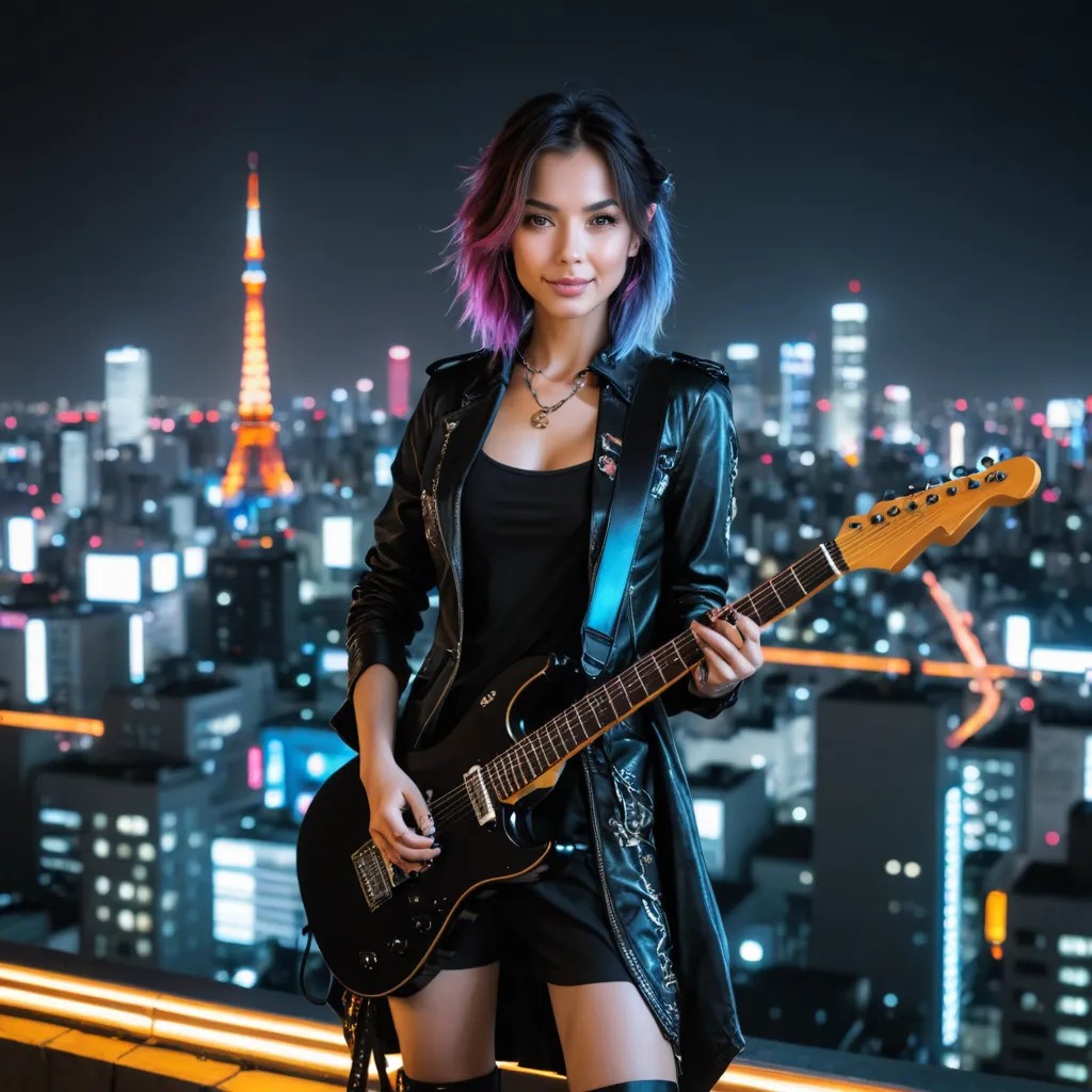 Visual Kei Guitarist with Electric Guitar Neon Tokyo Skyline Avatar Maker